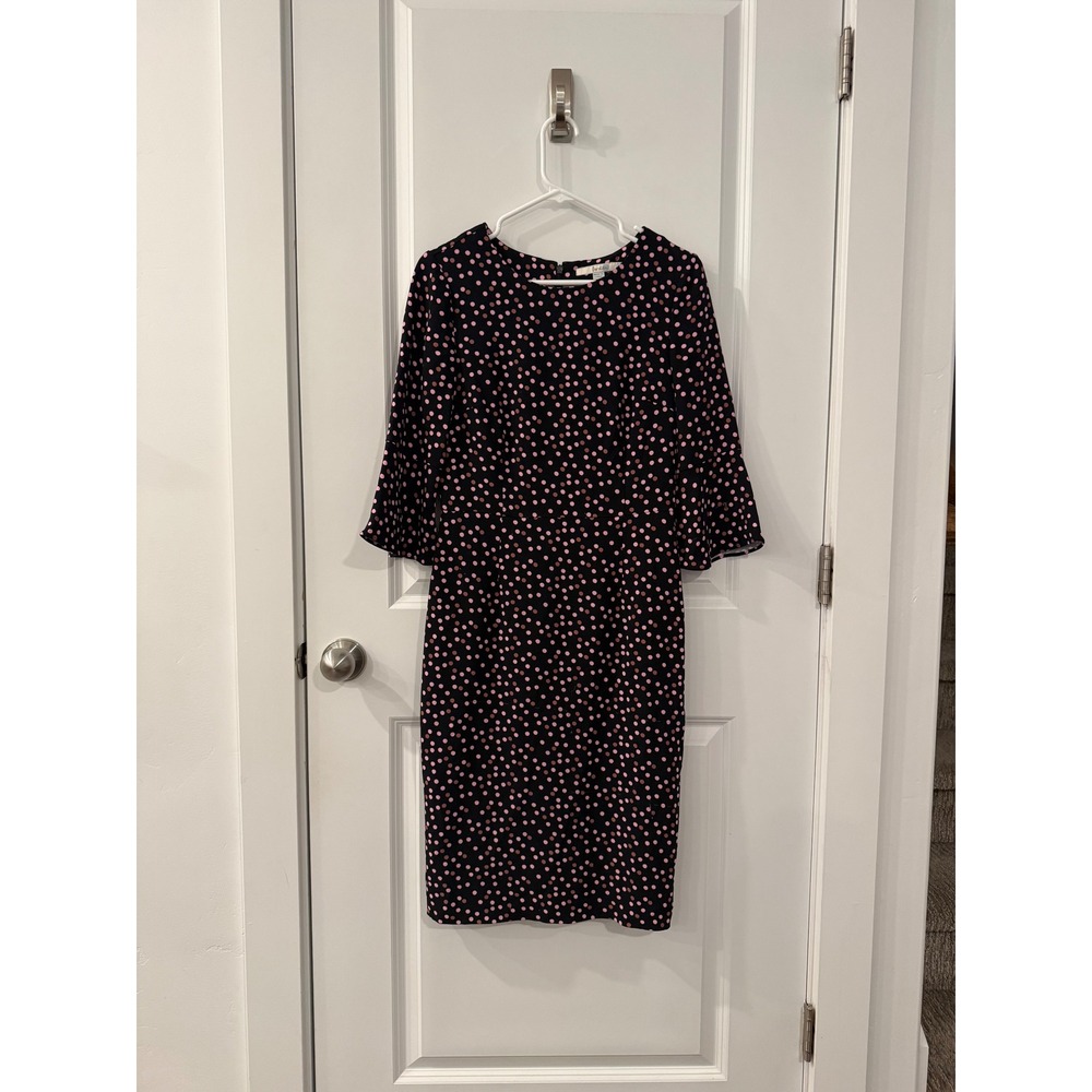 Boden Black Pink Polka Dot Bell Sleeve Sheath Dress US 6R UK 10R - Picture 2 of 5